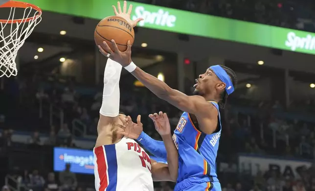 Oklahoma City Thunder guard Shai Gilgeous-Alexander, right, Detroit Pistons forward Tobias Harris, left, during the second half of an NBA basketball game, Wednesday, April 2, 2025, in Oklahoma City. (AP Photo/Kyle Phillips)