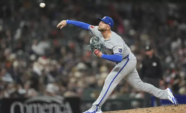 Kansas City Royals pitcher Lucas Erceg throws against the Detroit Tigers in the seventh inning during a baseball game, Friday, April 18, 2025, in Detroit. (AP Photo/Paul Sancya)