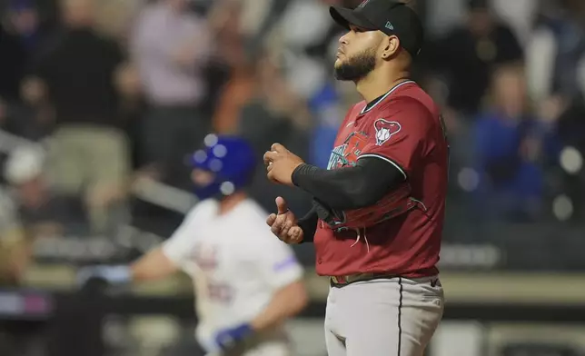 Arizona Diamondbacks pitcher Eduardo Rodriguez reacts as New York Mets' Pete Alonso runs the bases after hitting a home run during the fourth inning of a baseball game Tuesday, April 29, 2025, in New York. (AP Photo/Frank Franklin II)