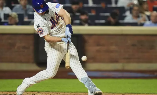 New York Mets' Pete Alonso hits a home run during the fourth inning of a baseball game against the Arizona Diamondbacks Tuesday, April 29, 2025, in New York. (AP Photo/Frank Franklin II)