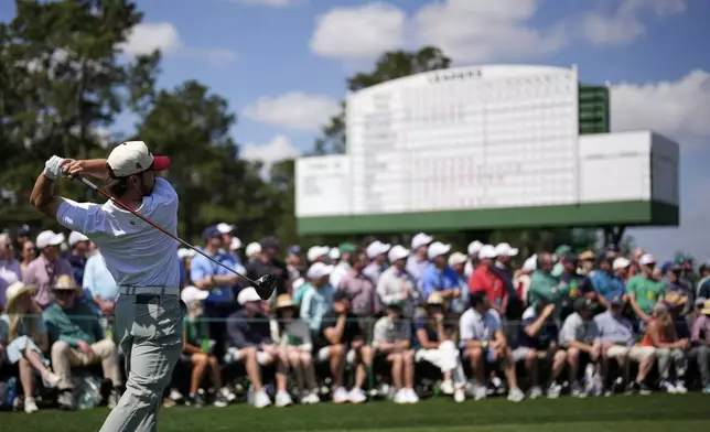 Jose Luis Ballester, of Spain, watches his tee shot on the eighth hole during the first round at the Masters golf tournament, Thursday, April 10, 2025, in Augusta, Ga. (AP Photo/David J. Phillip)