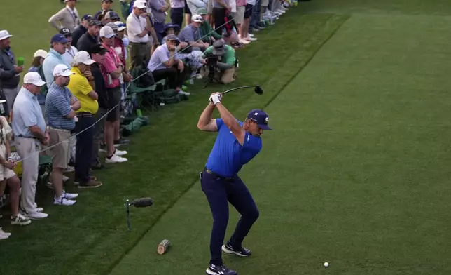 Bryson DeChambeau hits his tee shot on the 18th hole during the first round at the Masters golf tournament, Thursday, April 10, 2025, in Augusta, Ga. (AP Photo/Julia Demaree Nikhinson)