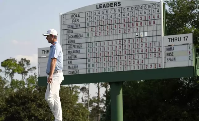 Justin Rose waits to putt on the 18th hole during the first round at the Masters golf tournament, Thursday, April 10, 2025, in Augusta, Ga. (AP Photo/David J. Phillip)