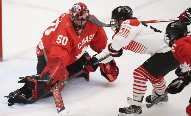 Japan's Mei Miura, right, scores her sides first goal past Kristen Campbell of Canada during the quarterfinal match between Canada and Japan at the Women's Ice Hockey Championships in Ceske Budejovice, Czech Republic, Thursday, April 17, 2025. (AP Photo/Petr David Josek)