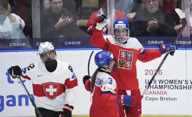 Kristyna Kaltounkova of Czech Republic, right, celebrates after scoring her sides fourth gola during the quarterfinal match between Czech Republic and Switzerland at the Women's Ice Hockey Championships in Ceske Budejovice, Czech Republic, Thursday, April 17, 2025. (AP Photo/Petr David Josek)