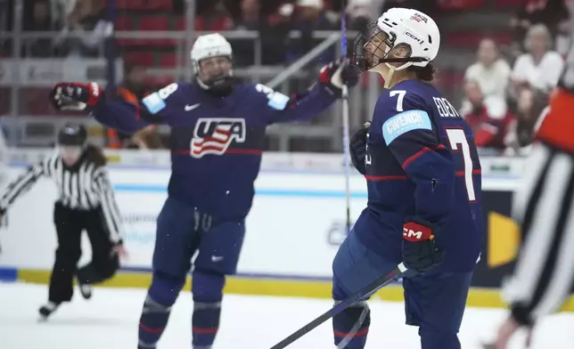 United States' Lacey Eden, right, celebrates after scoring her sides first goal during the quarterfinal match between United States and Germany at the Women's Ice Hockey Championships in Ceske Budejovice, Czech Republic, Thursday, April 17, 2025. (AP Photo/Petr David Josek)