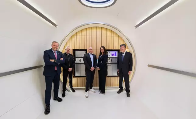 Vast CEO Max Haot, Vast Lead Astronaut Andrew Feustel, Exobiosphere CEO Kyle Acierno, Interstellar Lab CEO Barbara Belvisi, and JAMSS President Teru Aruga (from left to right), standing inside the Haven-1 Experience.