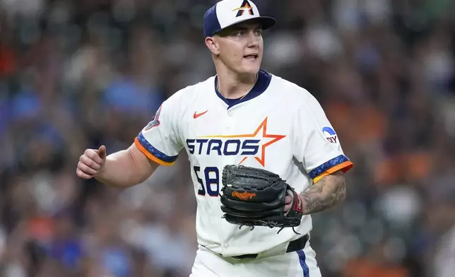 Houston Astros starting pitcher Hunter Brown reacts after a double play that ended the top of the sixth inning of a baseball game against the Toronto Blue Jays, Monday, April 21, 2025, in Houston. (AP Photo/Eric Christian Smith)