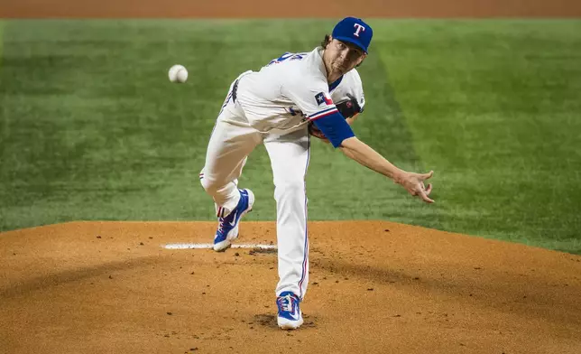 Texas Rangers' Jacob deGrom pitches against the Athletics during the first inning of a baseball game Tuesday, April 29, 2025, in Arlington, Texas. (AP Photo/Jessica Tobias)