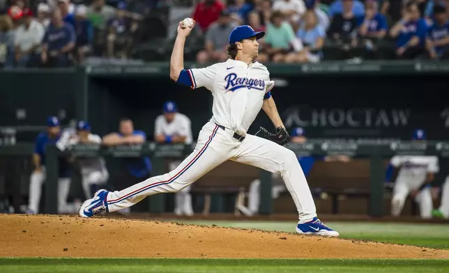 Texas Rangers' Jacob deGrom pitches against the Athletics during the first inning of a baseball game Tuesday, April 29, 2025, in Arlington, Texas. (AP Photo/Jessica Tobias))
