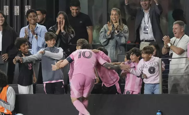 Inter Miami forward Lionel Messi (10) celebrates scoring on a penalty kick against the Los Angeles FC during the second half of a CONCACAF Nations League Quarterfinal Match at Chase Stadium, Wednesday, April 9, 2025 in Fort Lauderdale, Fla. (AP Photo/Jim Rassol)