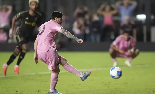 Inter Miami forward Lionel Messi (10) scores on a penalty kick against the Los Angeles FC during the second half of a CONCACAF Nations League Quarterfinal Match at Chase Stadium, Wednesday, April 9, 2025 in Fort Lauderdale, Fla. (AP Photo/Jim Rassol)