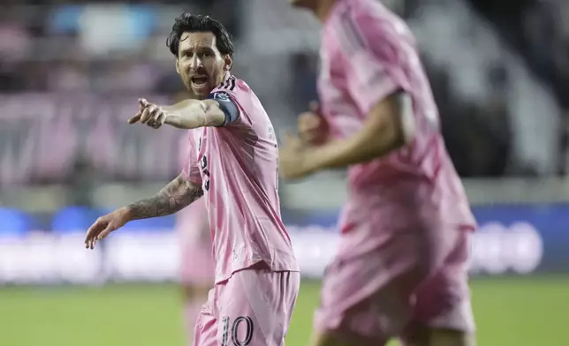 Inter Miami forward Lionel Messi (10) directs his team against the Los Angeles FC during the first half of a CONCACAF Nations League Quarterfinal Match at Chase Stadium, Wednesday, April 9, 2025 in Fort Lauderdale, Fla. (AP Photo/Jim Rassol)