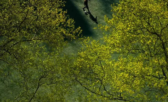 A person kicks a soccer ball around Columbus Park, Thursday, April 24, 2025, in New York. (AP Photo/Julia Demaree Nikhinson)