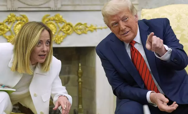 President Donald Trump meets with Italy's Prime Minister Giorgia Meloni in the Oval Office of the White House, Thursday, April 17, 2025, in Washington. (AP Photo/Alex Brandon)