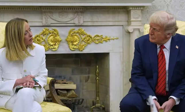 President Donald Trump meets with Italy's Prime Minister Giorgia Meloni in the Oval Office of the White House, Thursday, April 17, 2025, in Washington. (AP Photo/Alex Brandon)