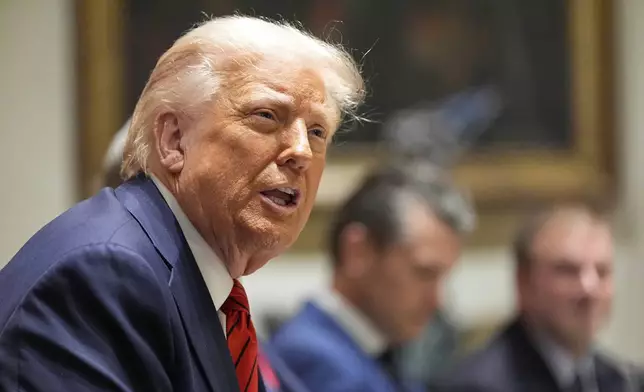President Donald Trump speaks before a luncheon with Italy's Prime Minister Giorgia Meloni in the Cabinet Room of the White House, Thursday, April 17, 2025, in Washington. (AP Photo/Alex Brandon)
