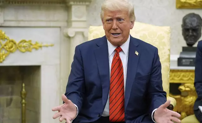 President Donald Trump speaks as he meets with Italy's Prime Minister Giorgia Meloni in the Oval Office of the White House, Thursday, April 17, 2025, in Washington. (AP Photo/Alex Brandon)