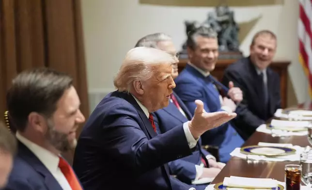 President Donald Trump speaks before a luncheon with Italy's Prime Minister Giorgia Meloni in the Cabinet Room of the White House, Thursday, April 17, 2025, in Washington, as from left, Vice President JD Vance, Treasury Secretary Scott Bessent, Defense Secretary Pete Hegseth and U.S. Ambassador to Italy nominee Tilman Fertitta listen. (AP Photo/Alex Brandon)