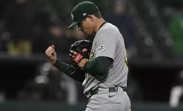 Athletics closing pitcher Mason Miller (19) celebrates after defeating the Chicago White Sox in a baseball game Wednesday, April 16, 2025, in Chicago. (AP Photo/Paul Beaty)