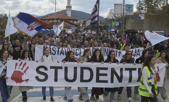 Students gather for an anti-corruption protest in Novi Pazar, Serbia, Saturday, April 12, 2025. (AP Photo/Marko Drobnjakovic)