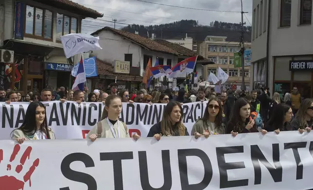Students lead a march during an anti-corruption protest in the southwestern town of Novi Pazar, Serbia, Saturday, April 12, 2025. (AP Photo/Marko Drobnjakovic)