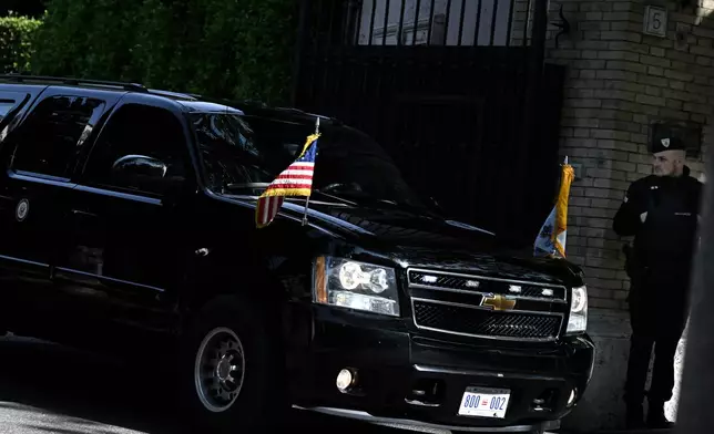 The motorcade of U.S. Vice President JD Vance departs his Vice-Presidential quarters en route to Vatican, in Rome, Italy, Saturday, April 19, 2025. (Kenny Holston/Pool Photo via AP)