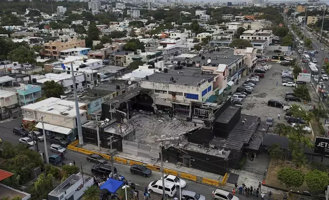 An aerial view of the Jet Set nightclub days after its roof collapsed, killing more than 200 people, in Santo Domingo, Dominican Republic, Friday, April 11, 2025. (AP Photo/Matias Delacroix)