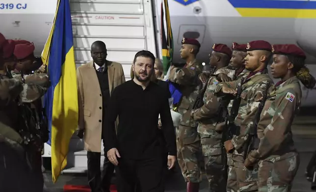 In this photo released by South African Government Communications and Information Services (GCIS), Ukrainian President Volodymyr Zelenskyy arrives in Pretoria, South Africa, for a state visit where he will meet South Africa's President Cyril Ramaphosa, Thursday, April 24, 2025. (AP Photo/GCIS via AP)