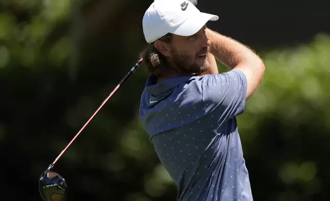Tommy Fleetwood hits from the third hole during the third round of the RBC Heritage golf tournament, Saturday, April 19, 2025, in Hilton Head Island, S.C. (AP Photo/Mike Stewart)