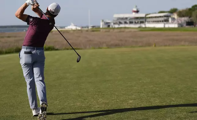Justin Thomas hits from the 18th green during the third round of the RBC Heritage golf tournament, Saturday, April 19, 2025, in Hilton Head Island, S.C. (AP Photo/Mike Stewart)