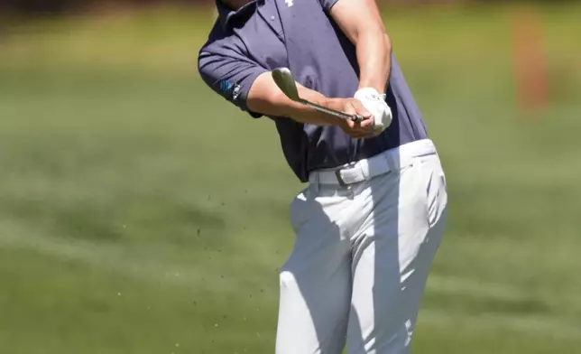 Maverick McNealy hits from the second hole during the third round of the RBC Heritage golf tournament, Saturday, April 19, 2025, in Hilton Head Island, S.C. (AP Photo/Mike Stewart)