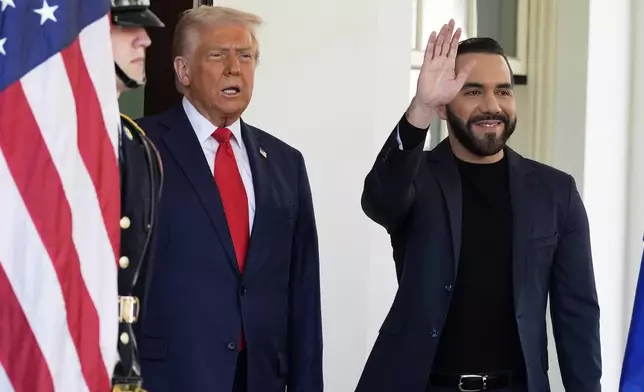 President Donald Trump greets El Salvador's President Nayib Bukele as he arrives at the West Wing of the White House, Monday, April 14, 2025, in Washington. (AP Photo/Alex Brandon)