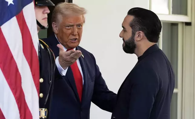 President Donald Trump greets El Salvador's President Nayib Bukele as he arrives at the West Wing of the White House, Monday, April 14, 2025, in Washington. (AP Photo/Alex Brandon)