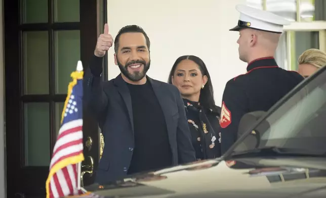 El Salvador's President Nayib Bukele gives a thumbs up as he departs following a meeting at the White House with President Donald Trump, Monday, April 14, 2025, in Washington. (AP Photo/Manuel Balce Ceneta)
