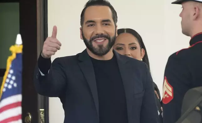 El Salvador's President Nayib Bukele gives a thumbs up as he departs following a meeting at the White House with President Donald Trump, Monday, April 14, 2025, in Washington. (AP Photo/Manuel Balce Ceneta)