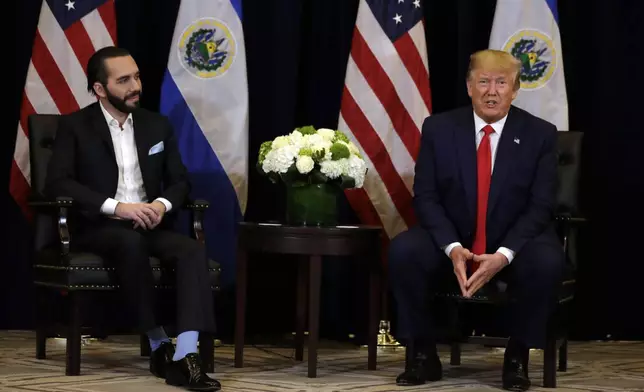 FILE - President Donald Trump, right, meets with El Salvador's President Nayib Bukele during the United Nations General Assembly, Sept. 25, 2019, in New York. (AP Photo/Evan Vucci, File)