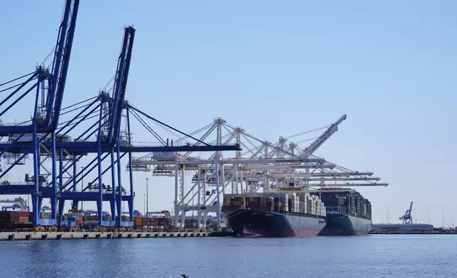 Container ships Epaminondas and Talos are docked at the Port of Baltimore, Wednesday, April 9, 2025, in Baltimore. (AP Photo/Stephanie Scarbrough)