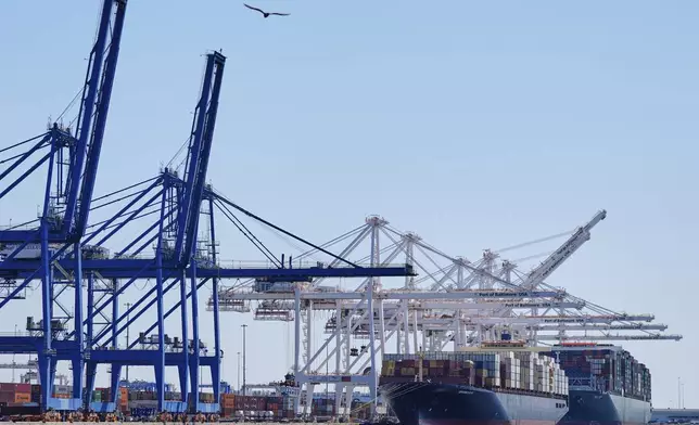 Container ships Epaminondas and Talos are docked at the Port of Baltimore, Wednesday, April 9, 2025, in Baltimore. (AP Photo/Stephanie Scarbrough)