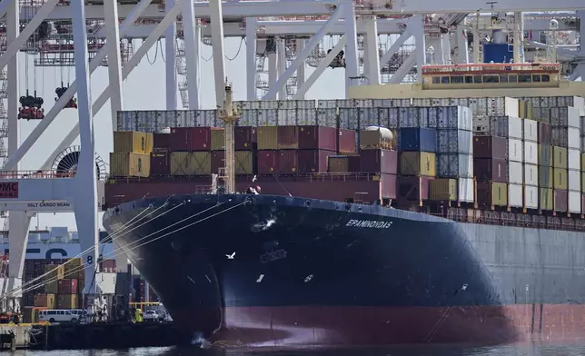 Containers are seen aboard the cargo ship Epaminondas while it is moored at the Port of Baltimore, Wednesday, April 9, 2025, in Baltimore. (AP Photo/Stephanie Scarbrough)