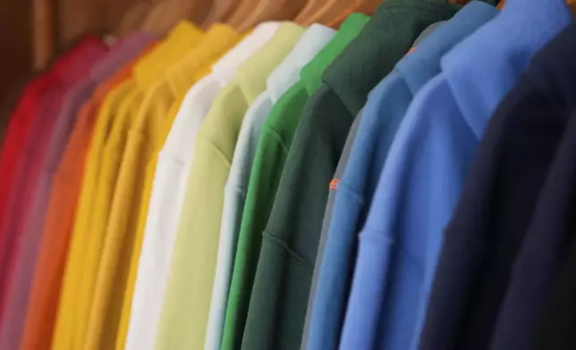 American Giant hoodies are displayed at the company's showroom in San Francisco, Thursday, April 17, 2025. (AP Photo/Jeff Chiu)