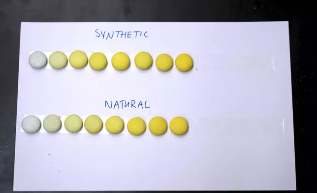 The results of various synthetic and natural food coloring are displayed inside a lab at Sensient Technologies Corp., a color additive manufacturing company, in St. Louis., on Wednesday, April 2, 2025. (AP Photo/Jeff Roberson)
