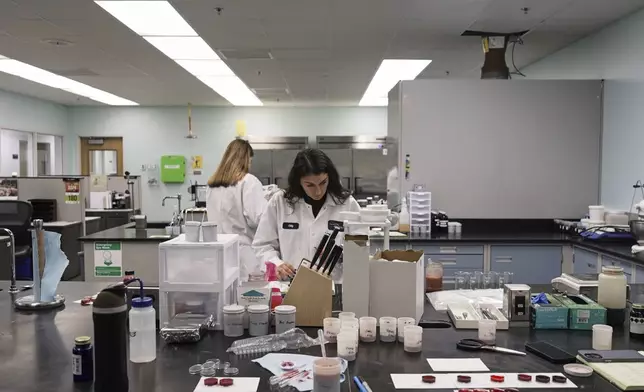 Abby Tampow works in a Sensient Colors laboratory in St. Louis on April 2, 2025. (AP Photo/Mary Conlon)