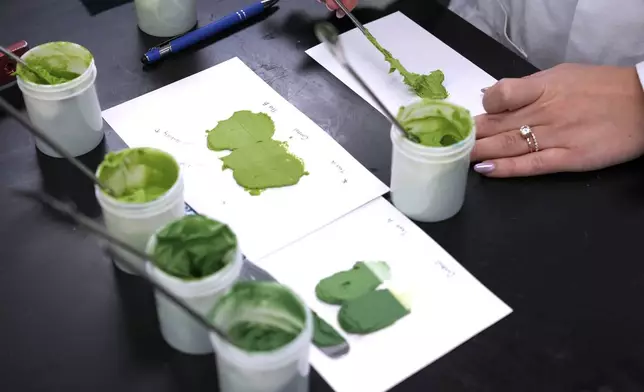 Senior Application Scientist Nicole Carey works in a lab to match food coloring at Sensient Technologies Corp., a color additive manufacturing company, in St. Louis, on Wednesday, April 2, 2025. (AP Photo/Jeff Roberson)