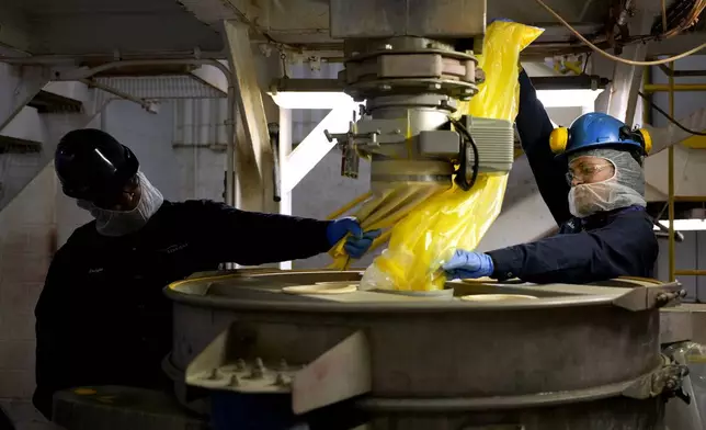 Jobe Washington, right, and Dwight Brown use a large sifter to mix a shade of yellow coloring at Sensient Technologies Corp., a color additive manufacturing company, in St. Louis, on Wednesday, April 2, 2025. (AP Photo/Jeff Roberson)