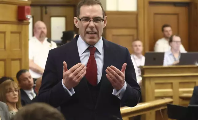 Special prosecutor Hank Brennan gives his opening argument at Karen Read's second murder trial at Norfolk Superior Court on Tuesday, April 22, 2025 in Dedham, Mass. (Stuart Cahill /The Boston Herald via AP, Pool)