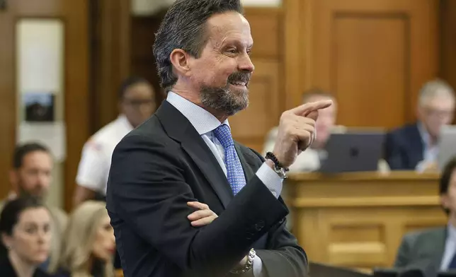 Defense attorney Alan Jackson questions witness Kerry Roberts about her grand jury testimony during the Karen Read trial in Norfolk Superior Court at Dedham, Mass., on Wednesday, April 23, 2025 (Greg Derr/The Patriot Ledger via AP, Pool)