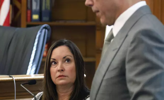 Prosecutor Hank Brennan questions witness Kerry Roberts during the Karen Read trial in Norfolk Superior Court at Dedham, Mass., on Wednesday, April 23, 2025 (Greg Derr/The Patriot Ledger via AP, Pool)