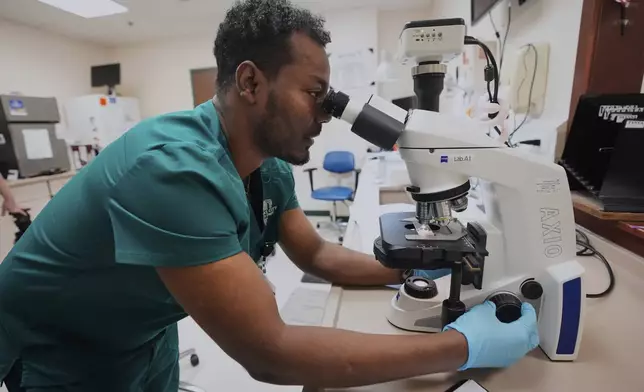 Laboratory technician Asfaw Ayana examines a sample at the Kansas City Department of Public Health, Wednesday, April 9, 2025, in Kansas City, Mo. (AP Photo/Charlie Riedel)