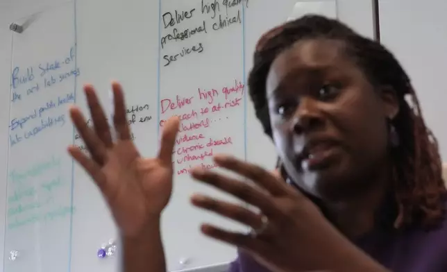 Public health director Dr. Marvia Jones, talks about federal grant cuts to the Kansas City Health department, Wednesday, April 9, 2025, in Kansas City, Mo. (AP Photo/Charlie Riedel)